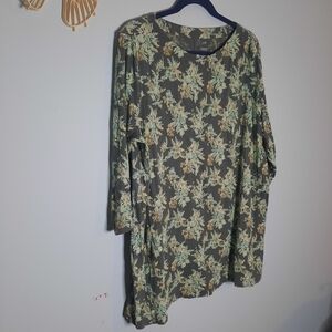 J. Jill Olive Green Floral 3/4 Sleeve Tunic with Mint and Tan Blooms